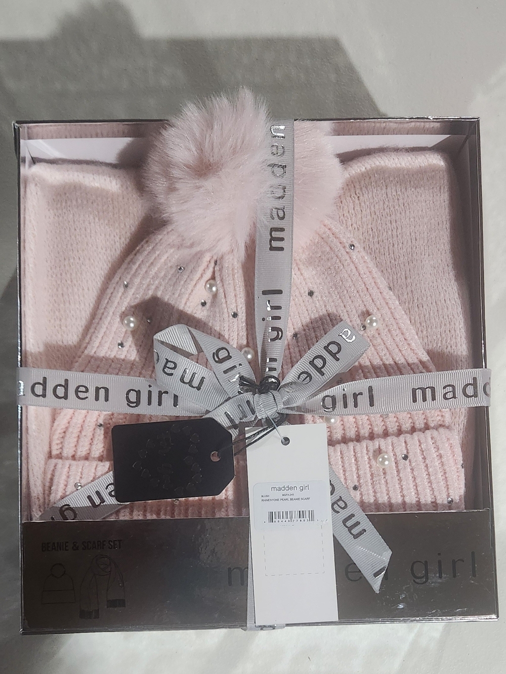 Madden Girl Light Pink Faux-Fur Pom Beanie and Scarf Set